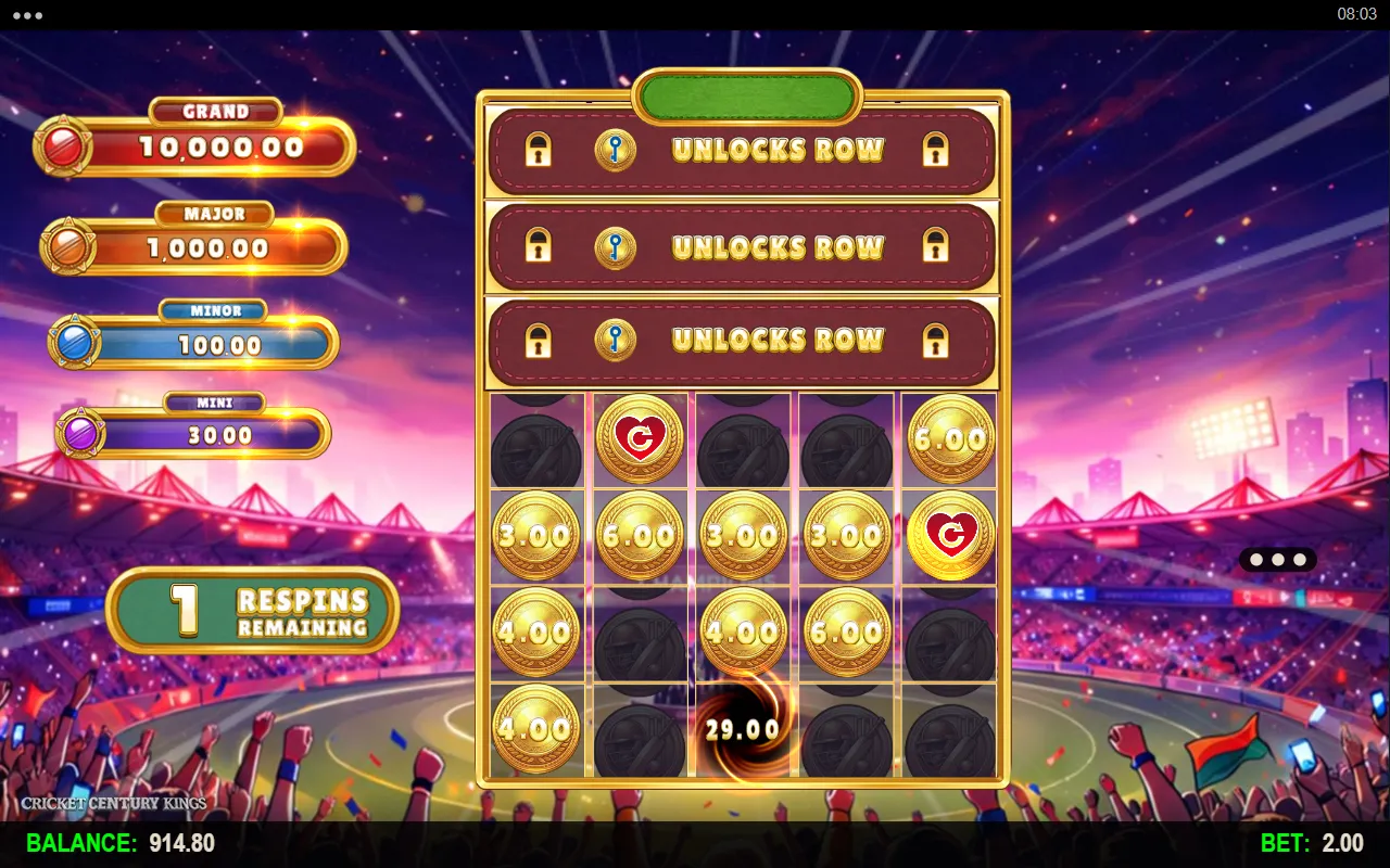 Cricket Century Kings hold and win board nearly full of cash coins with two red collect booster coins, a total of 29.00 forming at the bottom, and one respin remaining