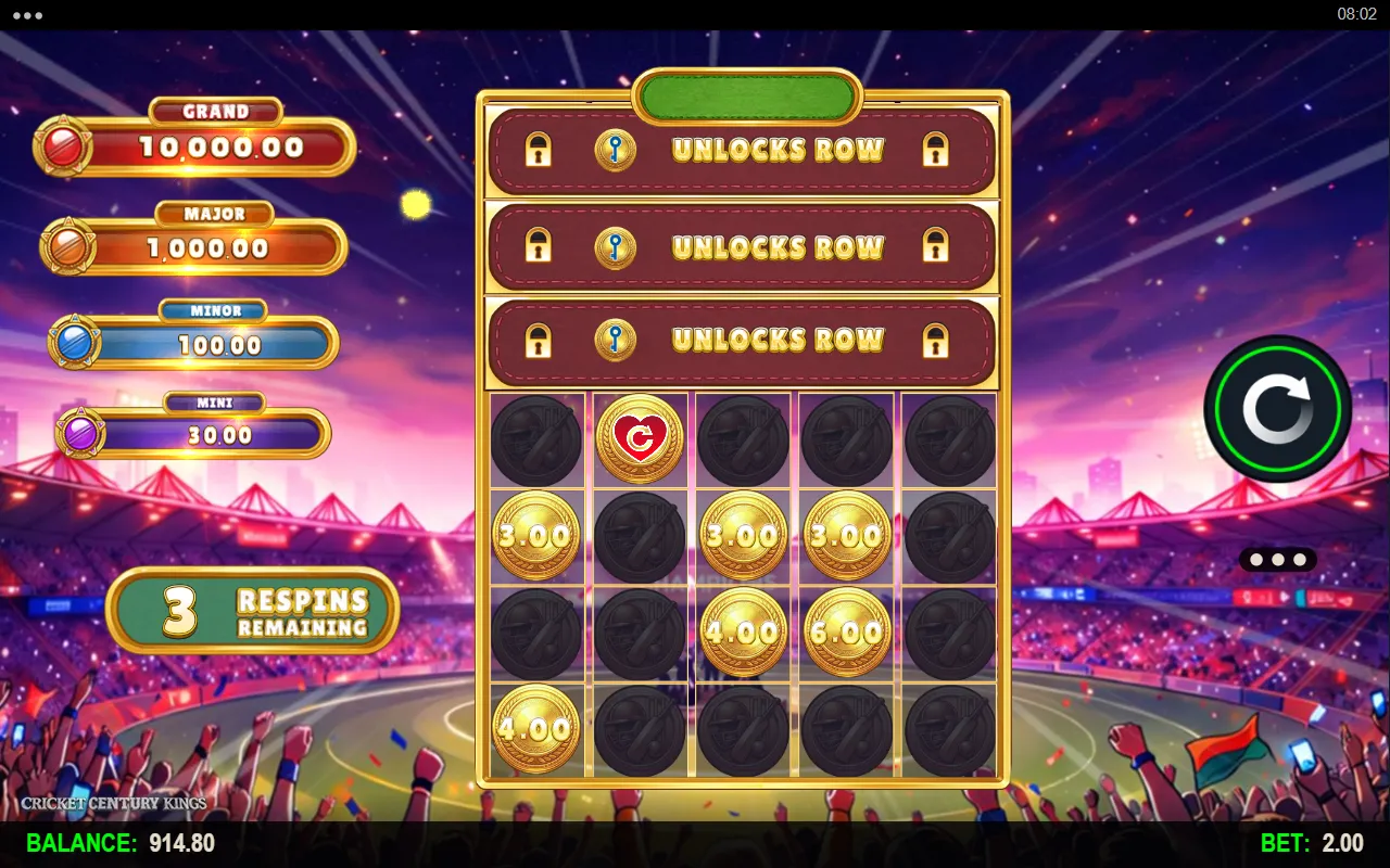 Cricket Century Kings hold and win round on a night stadium background, showing three locked rows labelled UNLOCKS ROW, six gold cash coins, one red collect booster coin and a counter reading 3 respins remaining