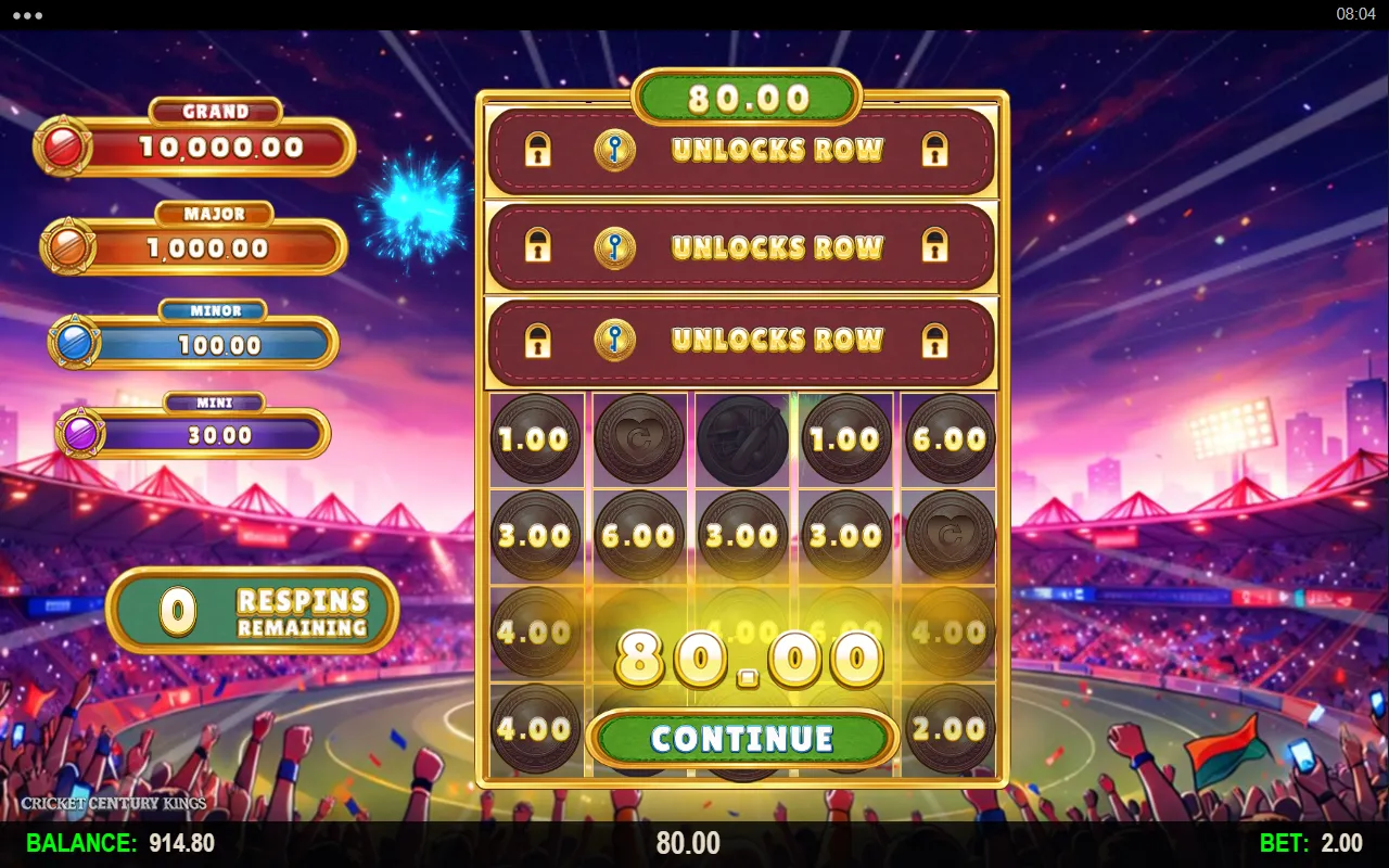 Cricket Century Kings hold and win round finished, seventeen cash coins on the board, three rows still locked, zero respins remaining and a total of 80.00