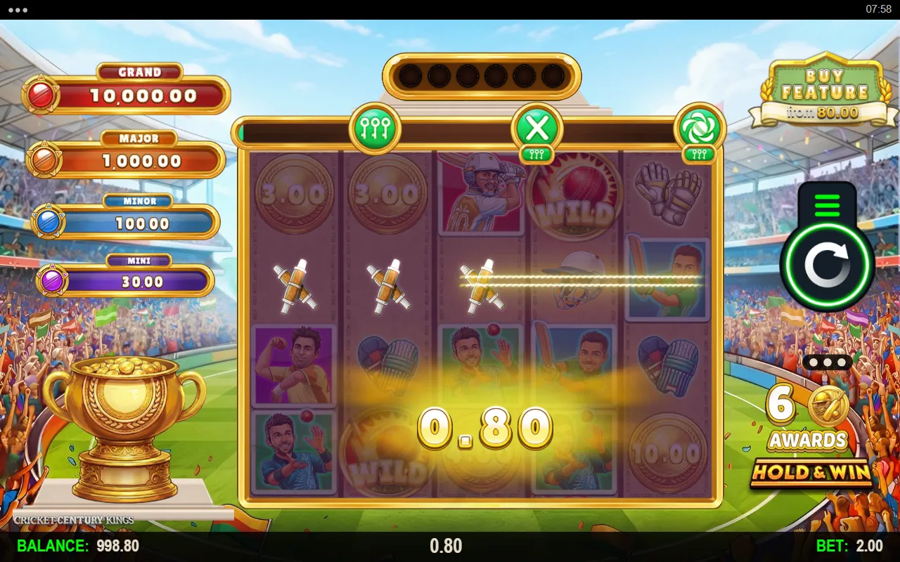 Cricket Century Kings 5x4 grid with a winning line of three crossed stumps, two gold cash coins reading 3.00 and one reading 10.00, and the GRAND to MINI prize ladder at the left