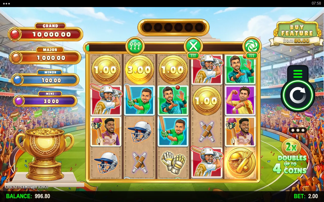 Cricket Century Kings base game screen with four gold cash coins reading 1.00, 3.00, 1.00 and 1.00 across the top of the reels and a scatter medallion at the bottom right