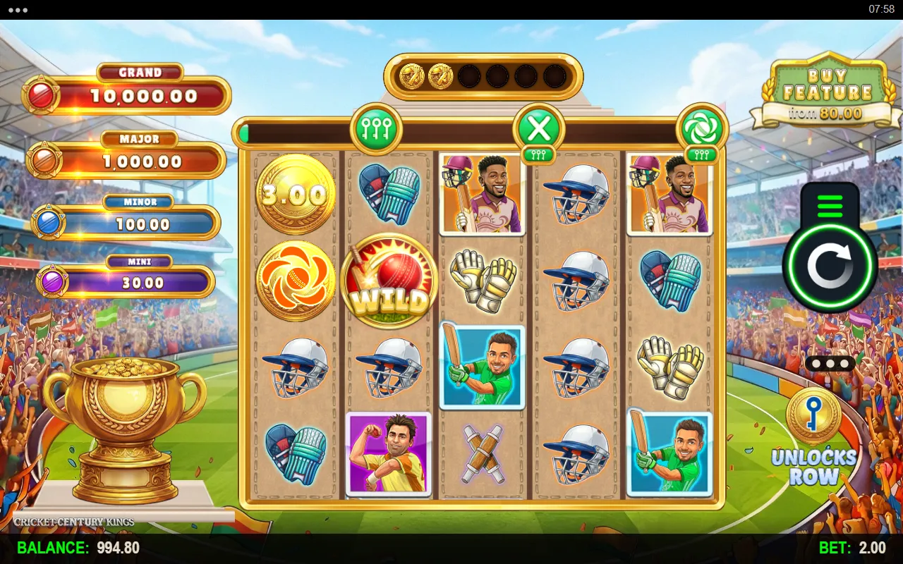 Cricket Century Kings base game screen showing a column of four batting helmets on the fourth reel, a wild ball symbol and a cash coin reading 3.00