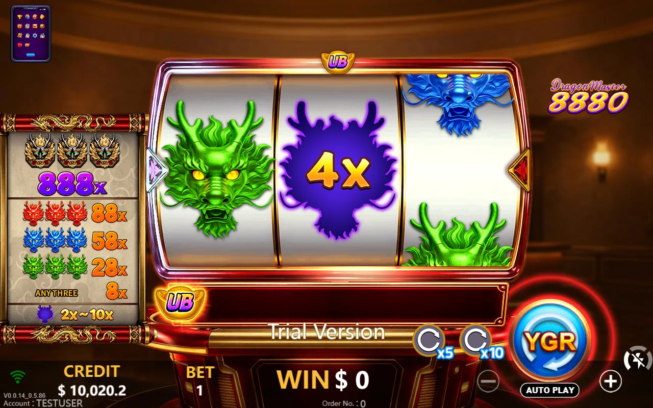 Dragon Master 8880 Ultra Boost spin with a green dragon head, a purple Mystery Dragon Head marked 4X and a blank third reel