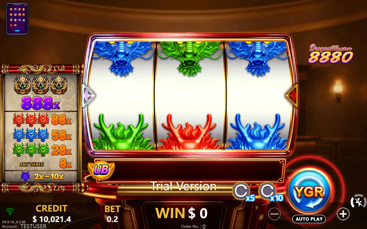 Dragon Master 8880 slot with all three reels settled between symbols, showing half a dragon head above and below an empty payline