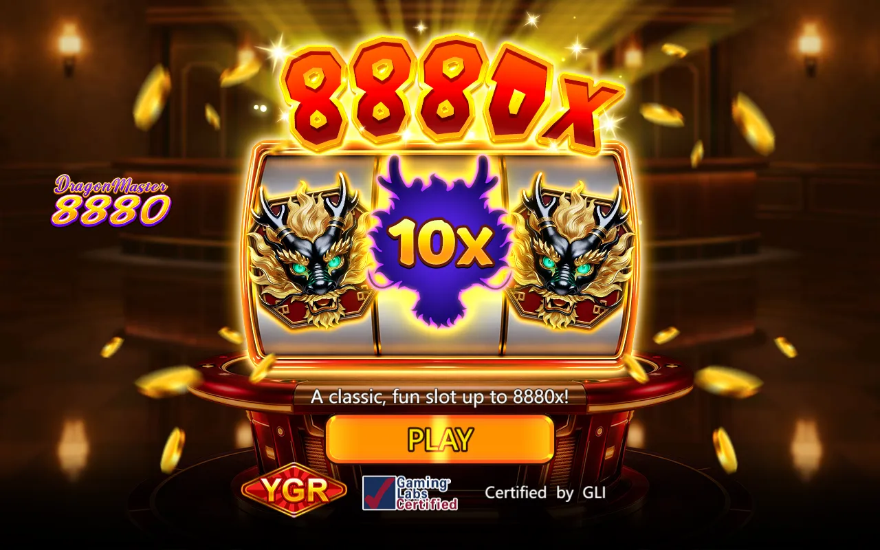 Dragon Master 8880 loading screen showing two dark gold dragon heads either side of a purple Mystery Dragon Head marked 10x, under an 8880x headline
