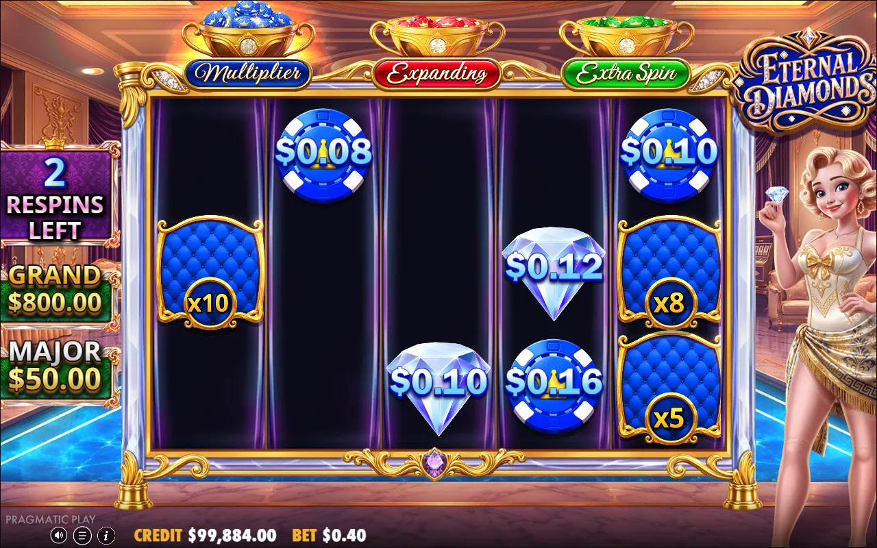 Eternal Diamonds respin round with x10, x8 and x5 multiplier plaques on empty positions, GRAND $800 and MAJOR $50