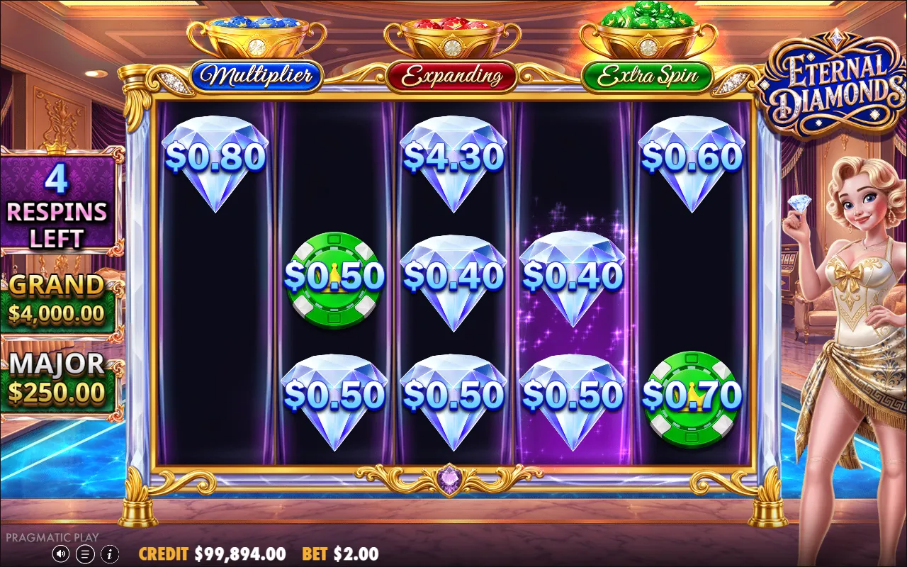 Eternal Diamonds respin round with locked diamonds and green chips, four respins left, GRAND $4,000 and MAJOR $250