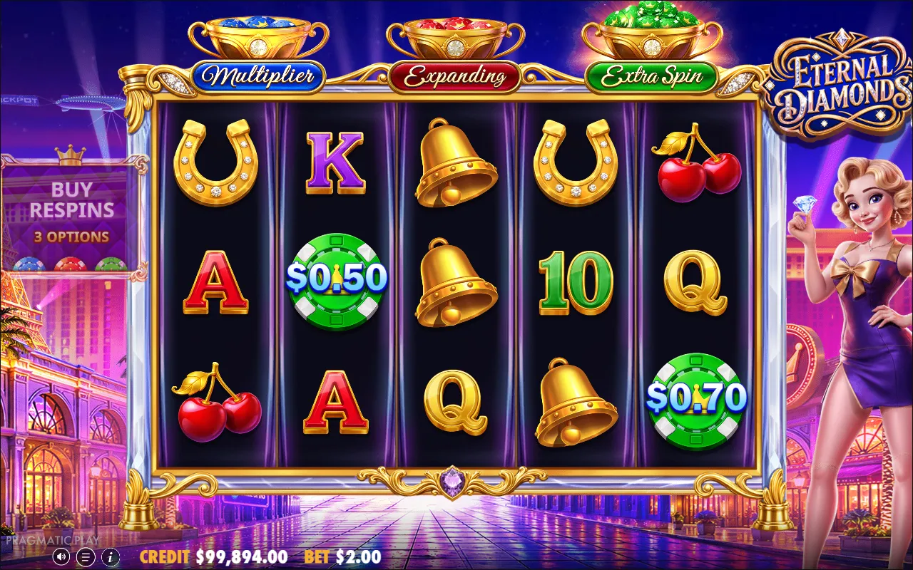 Two green chip symbols worth $0.50 and $0.70 on the Eternal Diamonds base game reels