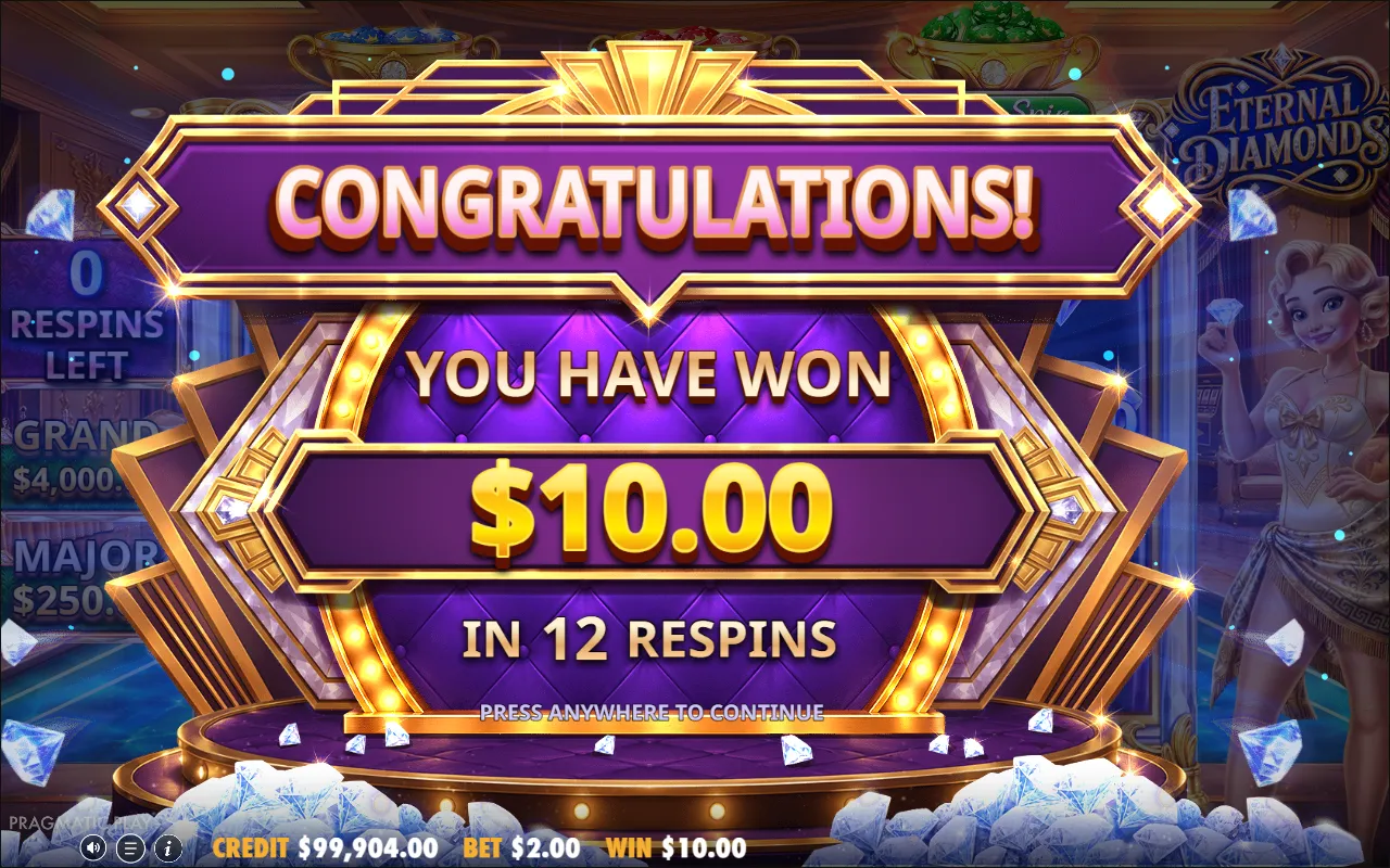 Eternal Diamonds respin round result screen showing a $10.00 win in 12 respins