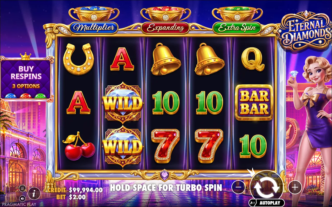 Eternal Diamonds base game with two stacked WILD symbols on reel two and two red gem sevens