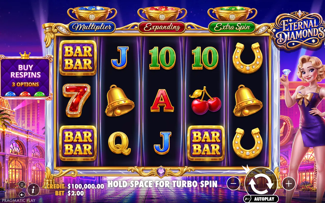 Eternal Diamonds 5x3 Vegas cabinet with three gemstone pots above the reels labelled Multiplier, Expanding and Extra Spin