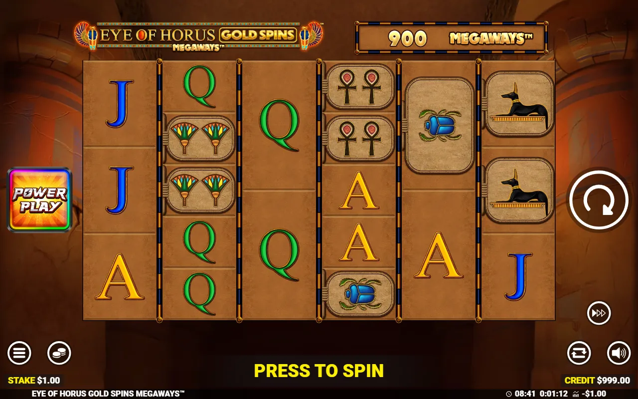 Eye of Horus Gold Spins Megaways 6-reel grid showing 900 Megaways with Anubis, scarab and ankh tablet symbols