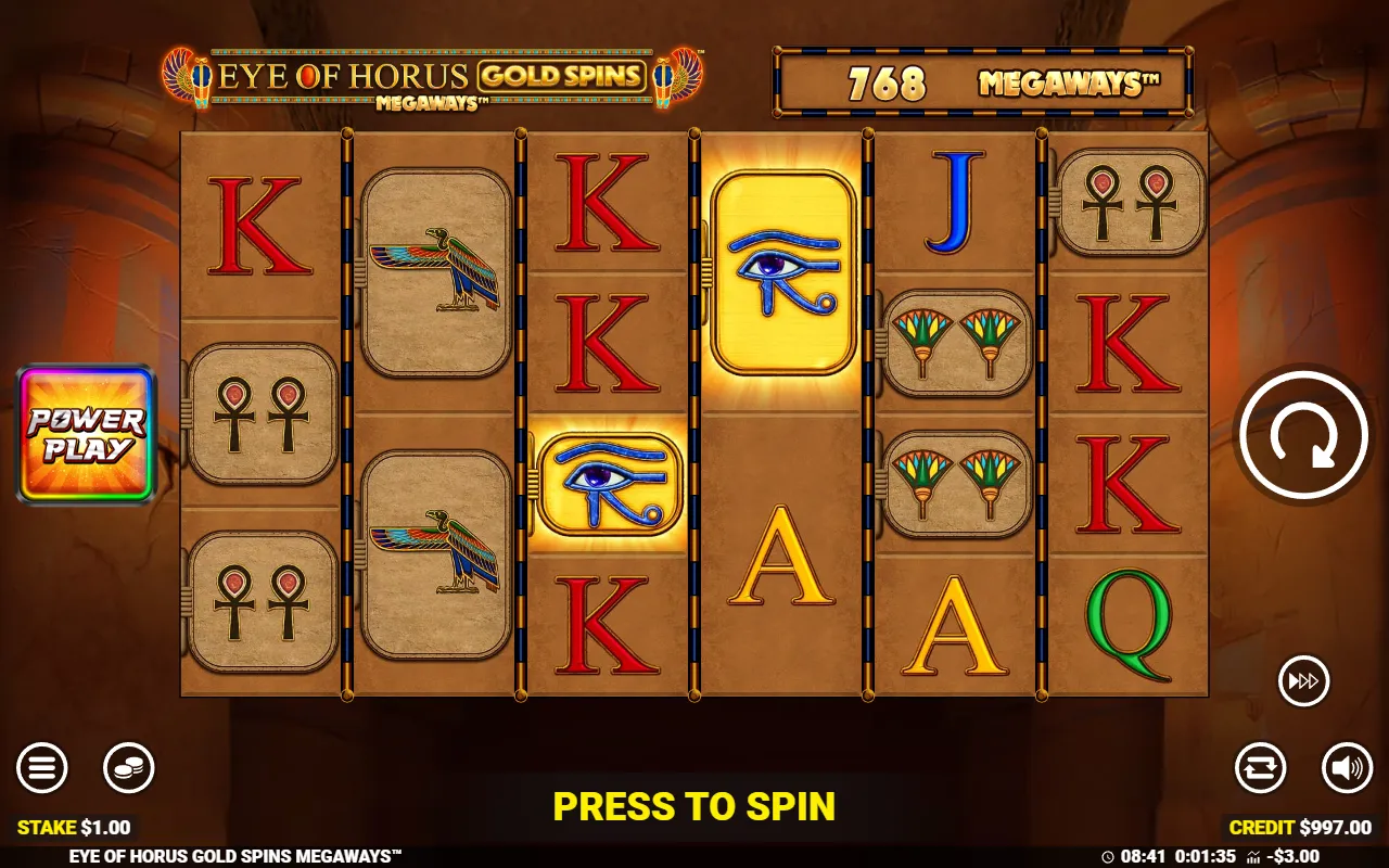 Eye of Horus Gold Spins Megaways reels showing two gold Eye of Horus amulets on reels three and four