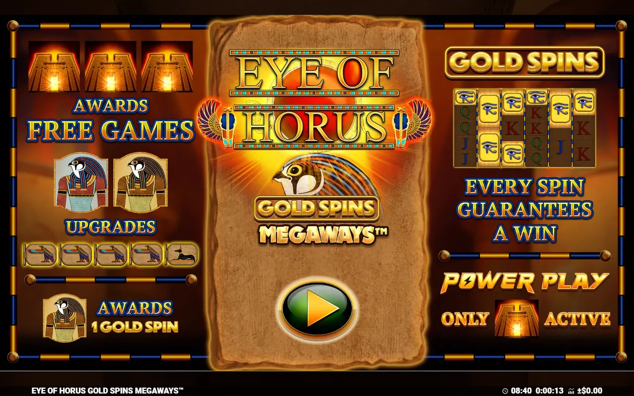 Eye of Horus Gold Spins Megaways opening card showing free games, Horus upgrades and Gold Spins