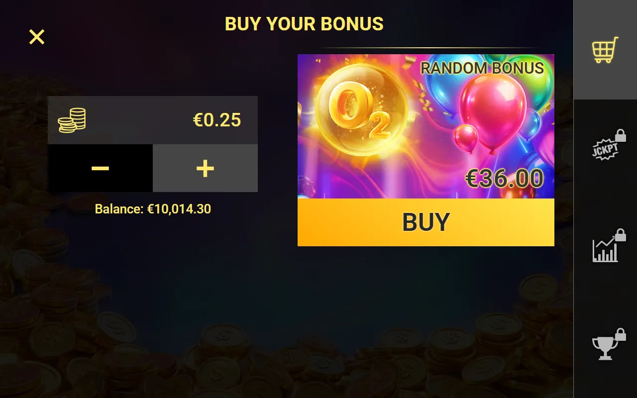 Fortune Balloons Buy Bonus panel offering the Random Bonus for 36 euro at a 0.25 euro bet