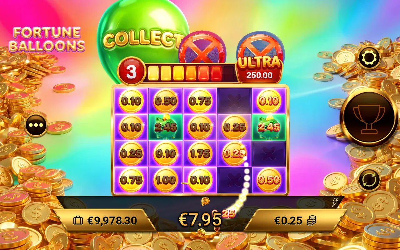 Fortune Balloons Pin Win grid with Collect symbols gathering pinned prizes and a running total of 7.95 euro