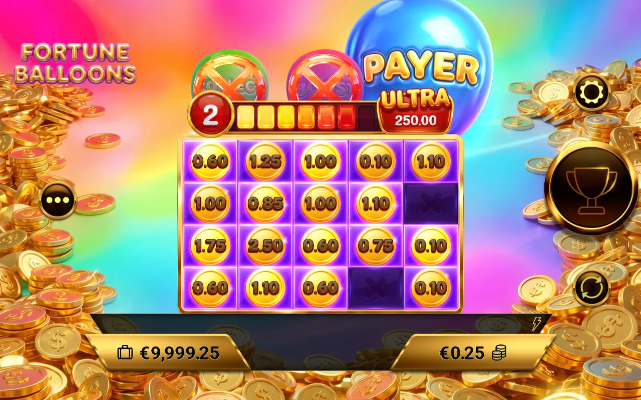 Fortune Balloons Pin Win grid filled to eighteen of twenty cells with the Ultra Jackpot counter on 2