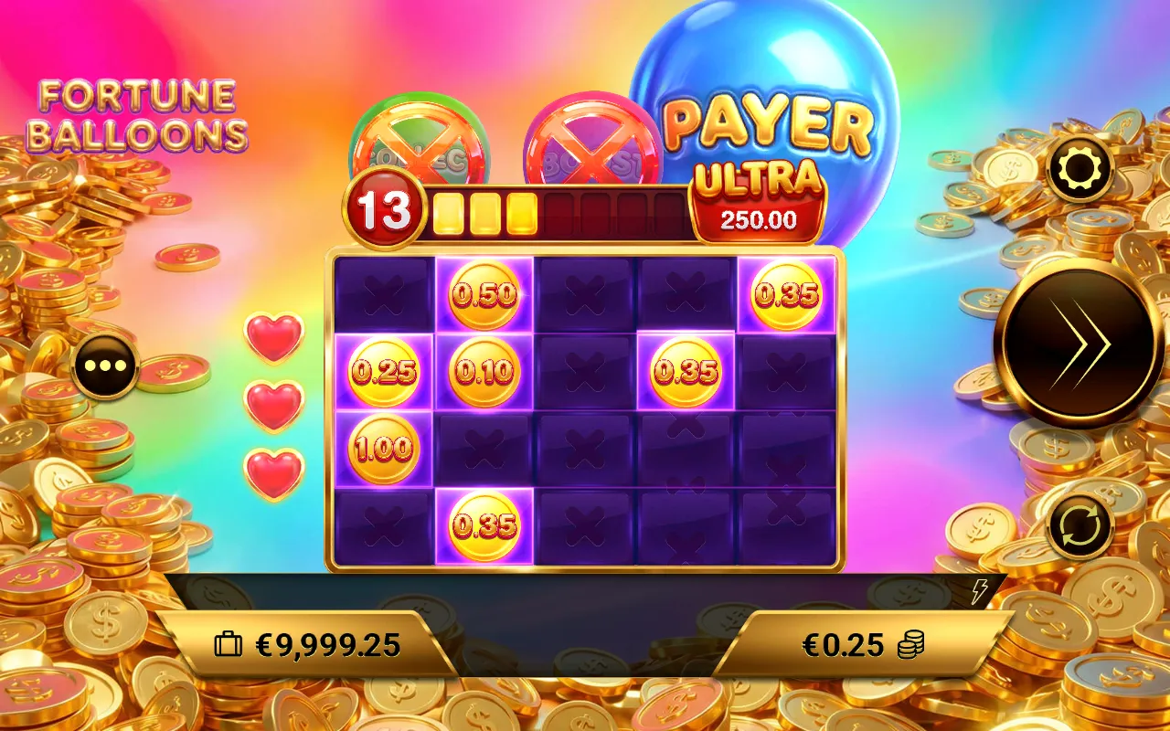 Fortune Balloons Pin Win bonus grid with pinned coin prizes, three attempt hearts and a 250.00 Ultra Jackpot on the Payer balloon