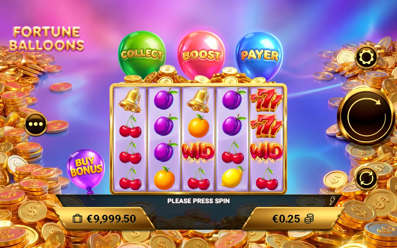 Fortune Balloons 5x4 grid with wild symbols on reels 3 and 5 that still form no winning combination