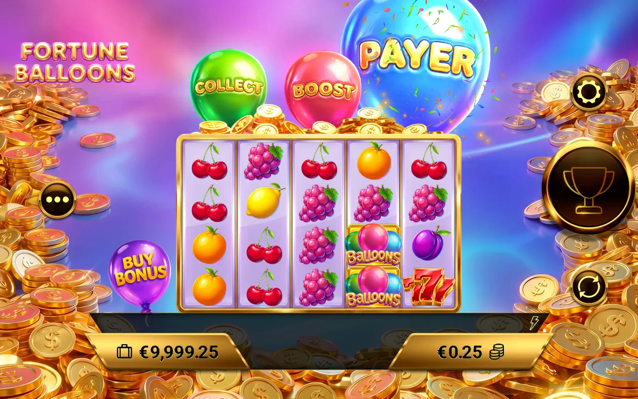 Fortune Balloons 5x4 grid with the blue Payer balloon bursting to trigger the Pin Win bonus