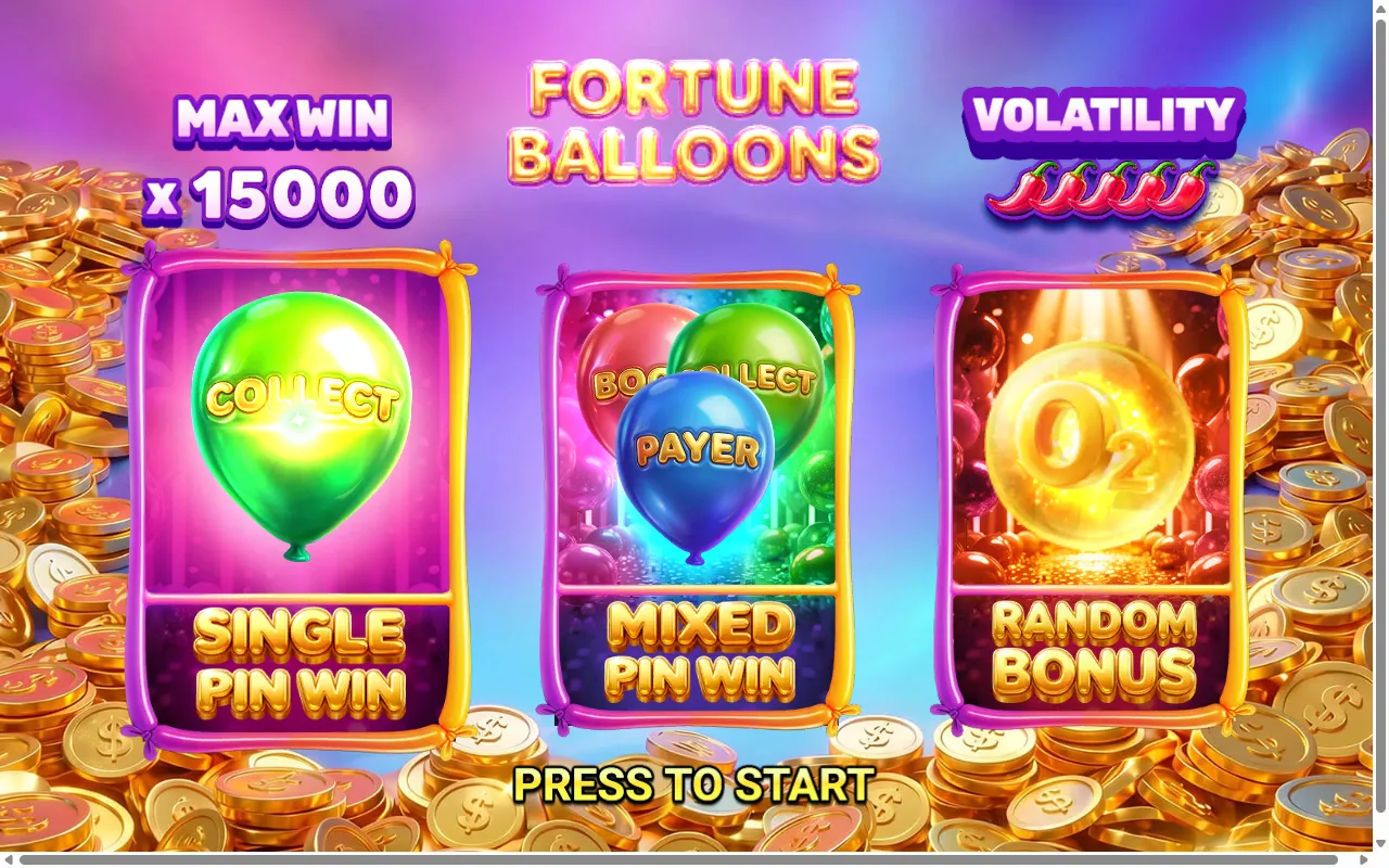 Fortune Balloons splash screen showing a 15,000x max win, a five-chilli volatility meter and the Single Pin Win, Mixed Pin Win and Random Bonus feature cards