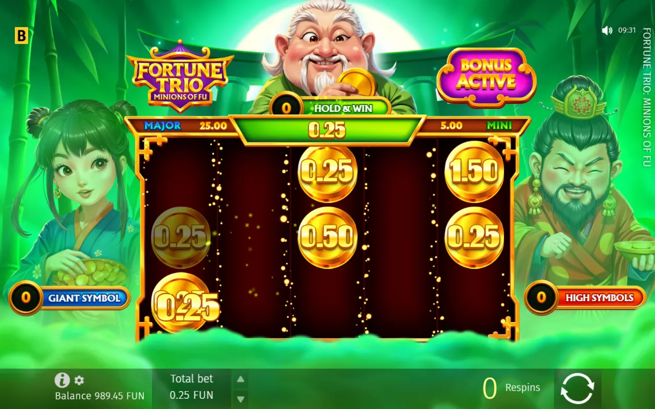 Hold and Win round with six locked gold coins on a green bamboo background and the respin counter at zero