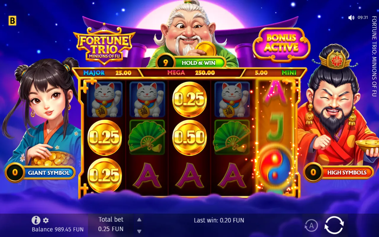 Base game with the Hold and Win meter reading 9 while the Giant Symbol and High Symbols meters both read 0