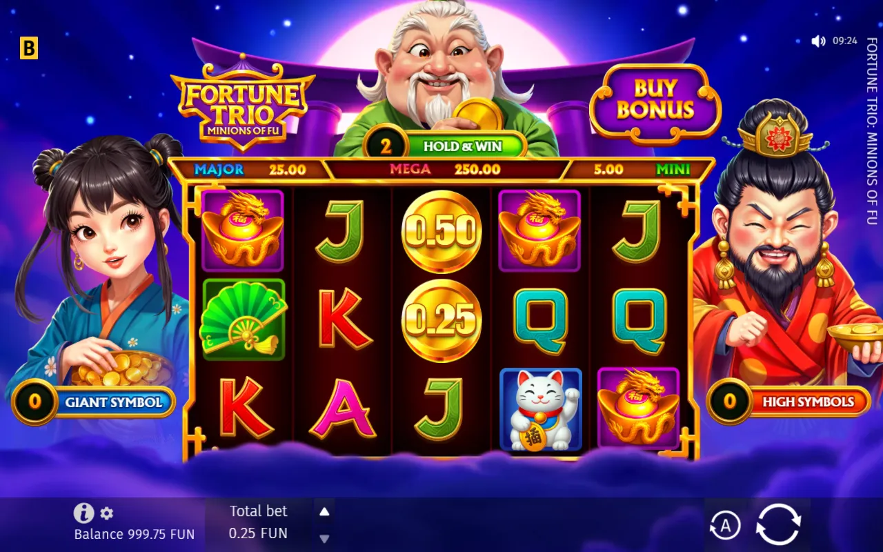 Fortune Trio Minions of Fu 5x3 grid with stacked gold coin symbols on the middle reel and the jackpot strip above the reels
