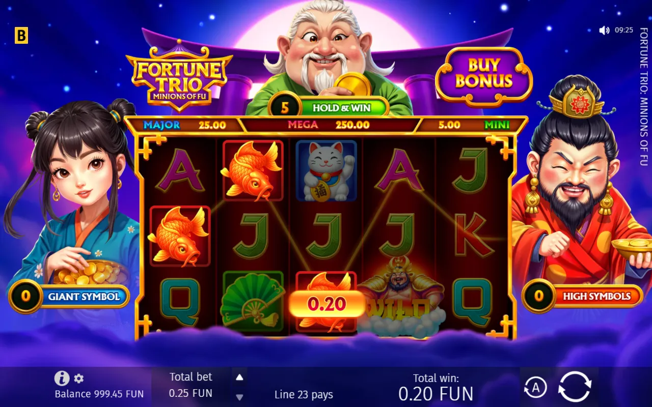 Base game win of 0.20 FUN from three koi carp symbols across the first three reels at a 0.25 bet