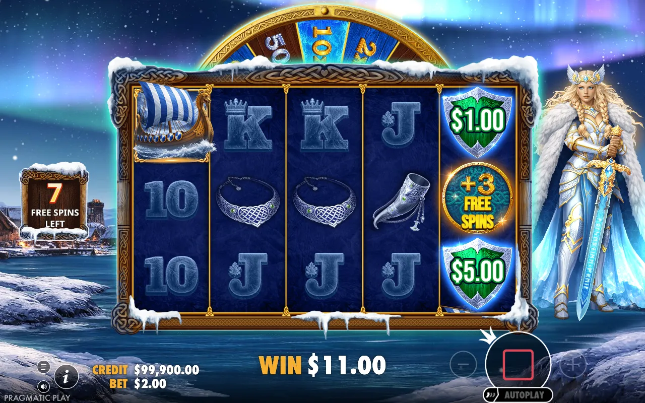 Free spin with reel five filled by a $1.00 shield, a plus three free spins token and a $5.00 shield