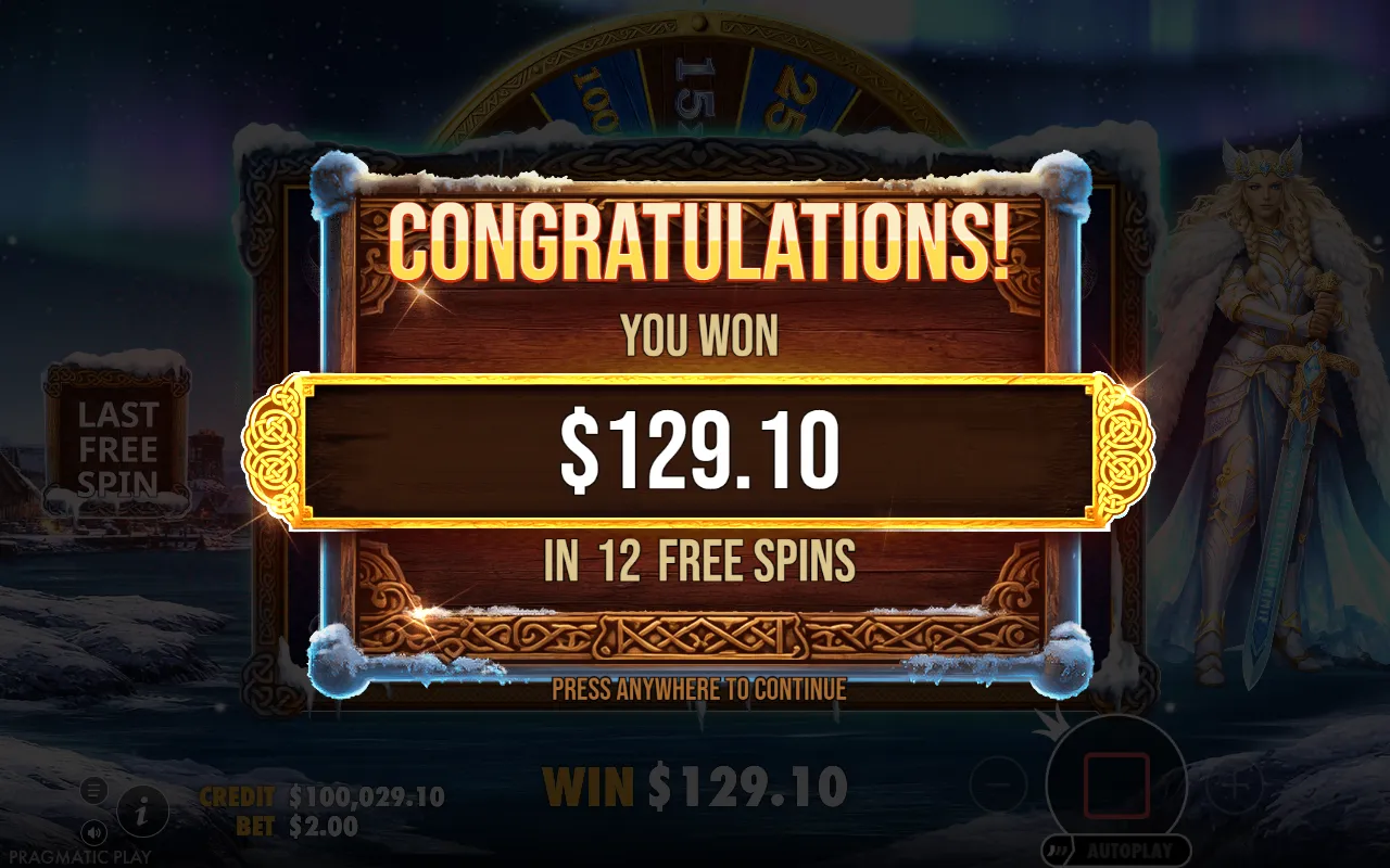 End of round card reading YOU WON $129.10 IN 12 FREE SPINS