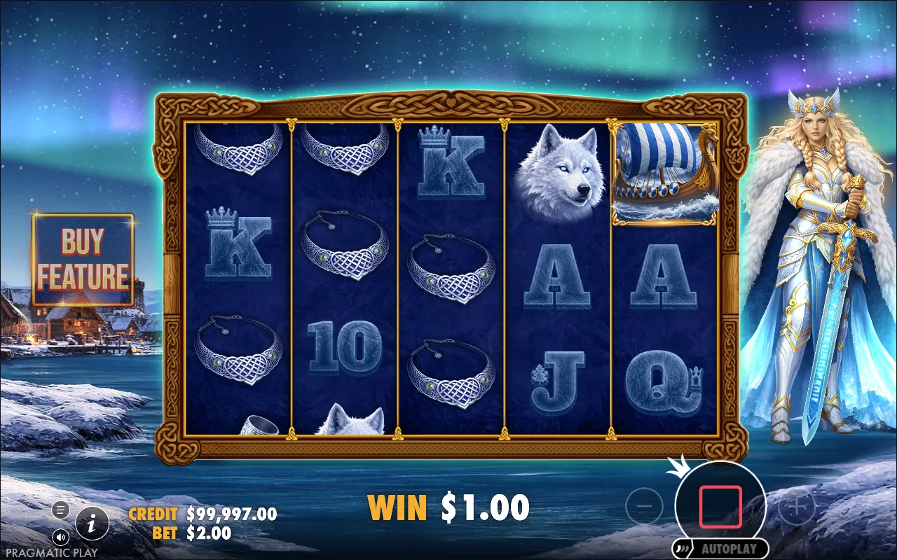 Base game spin with necklaces across the first three reels paying one dollar