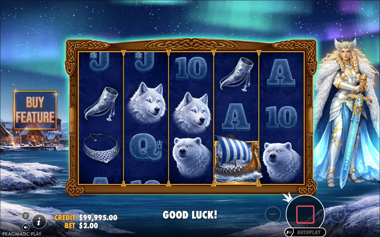 Base game spin with wolves, bears and a longship across the reels and no win