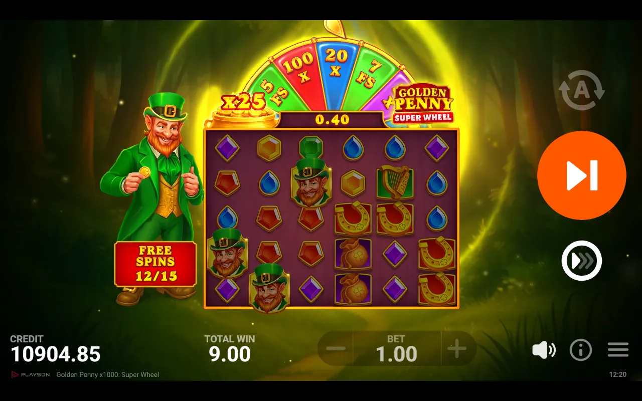 Three leprechaun scatters on the free spins board with the Super Wheel spinning in the foreground to re-trigger.