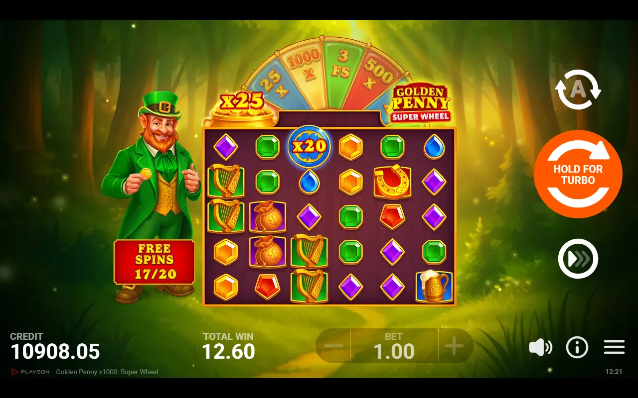 Free spins board with a x20 multiplier coin on a non-winning board, total win unchanged.