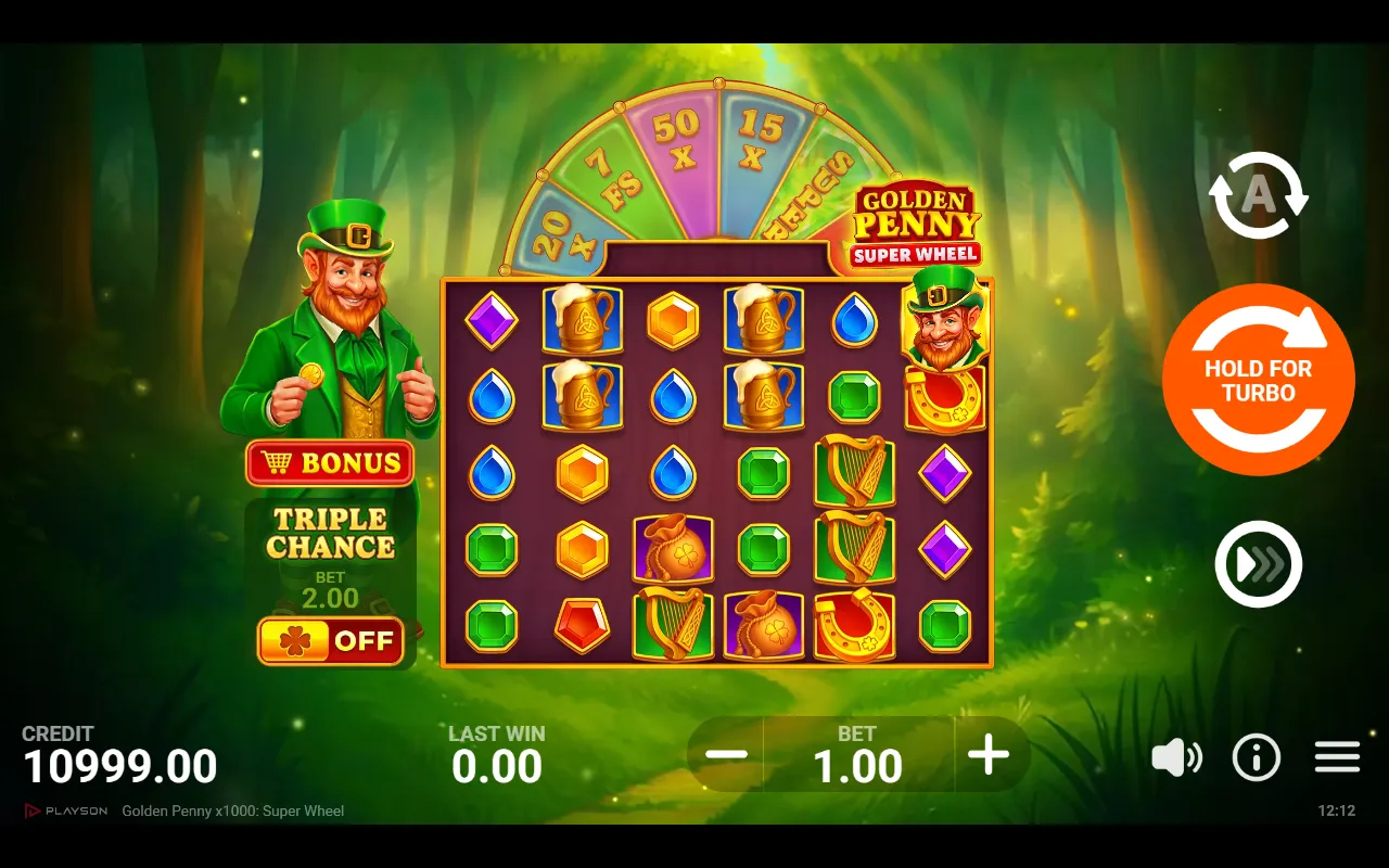 6x5 scatter-pays grid of Irish symbols and gems with a single leprechaun scatter in the top right and no win.