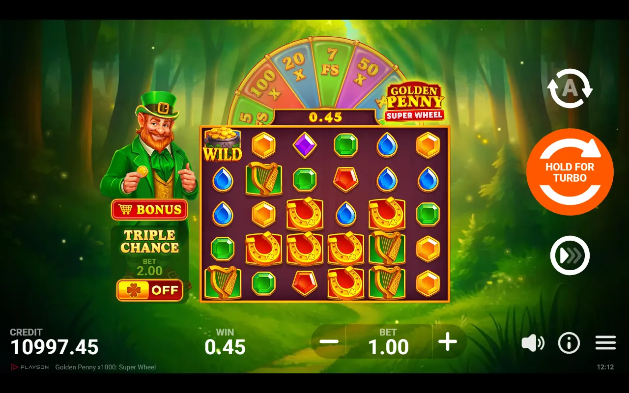 6x5 grid after a cascade, a pot-of-gold wild on the left reel and a 0.45 win displayed.