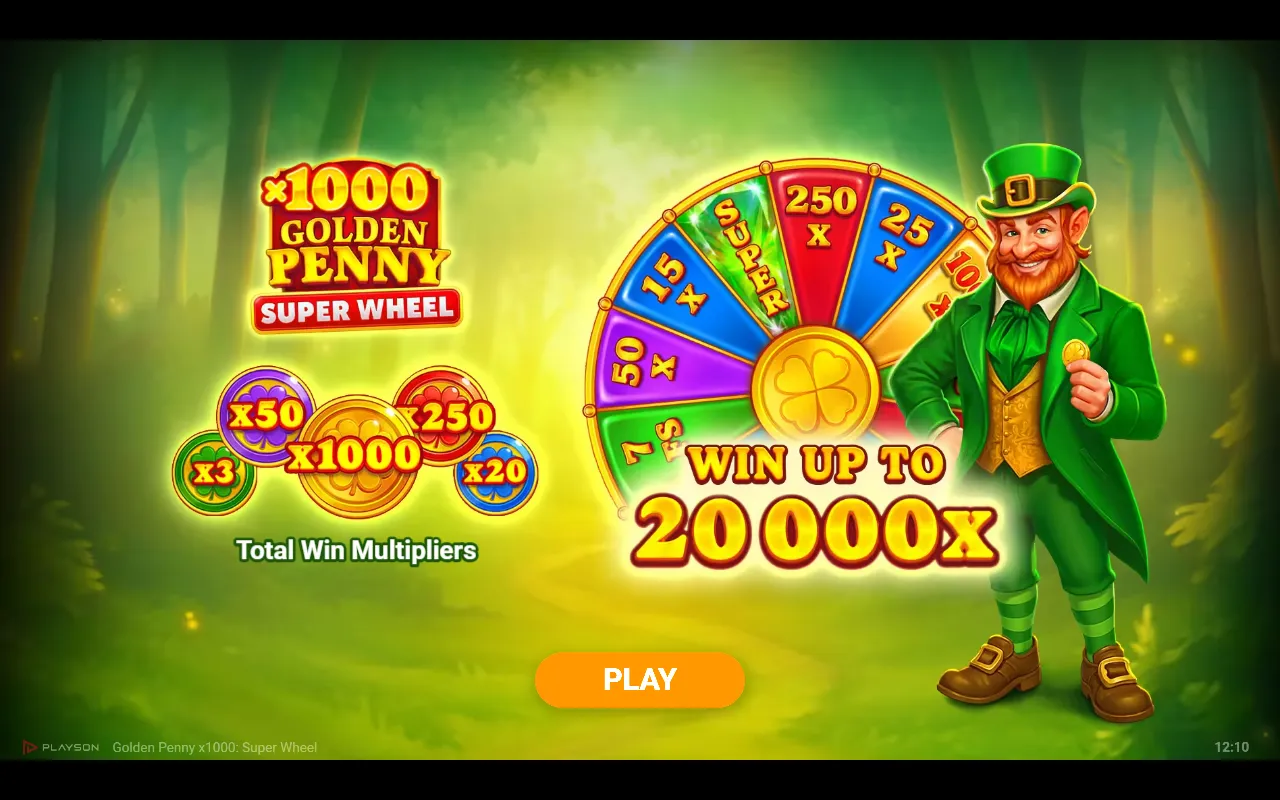 Golden Penny x1000 Super Wheel splash screen showing the Super Wheel with 250x and 1000x sectors and a WIN UP TO 20 000x banner.