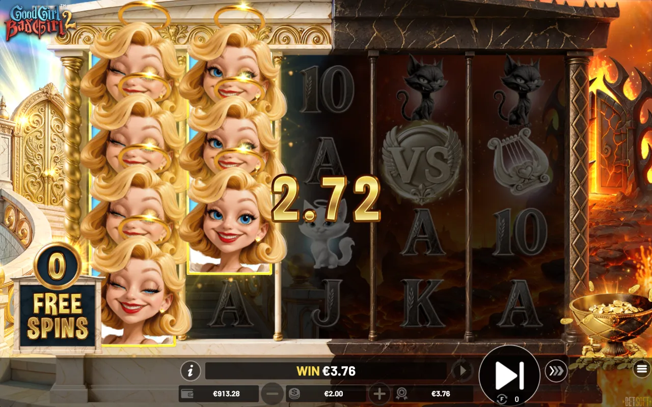 Free spins board with a full stacked reel of Good Girl angel symbols paying seventeen two-of-a-kind lines at once
