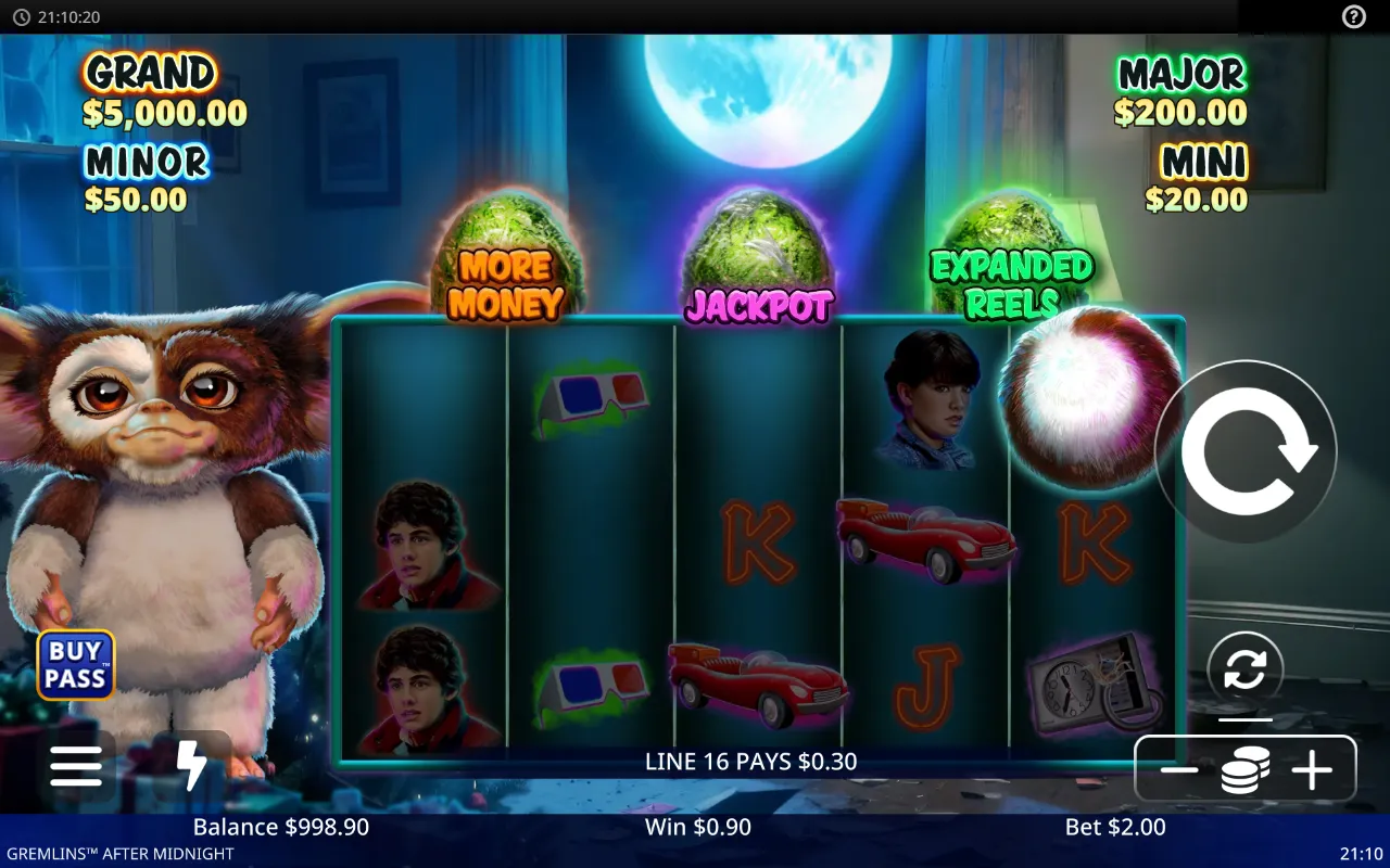 Base game with the four jackpot meters reading GRAND $5,000, MAJOR $200, MINOR $50 and MINI $20 above the reels