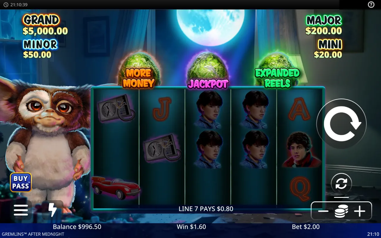 Base game spin with the status bar reading LINE 7 PAYS $0.80 and a total win of $1.60 on a $2.00 bet