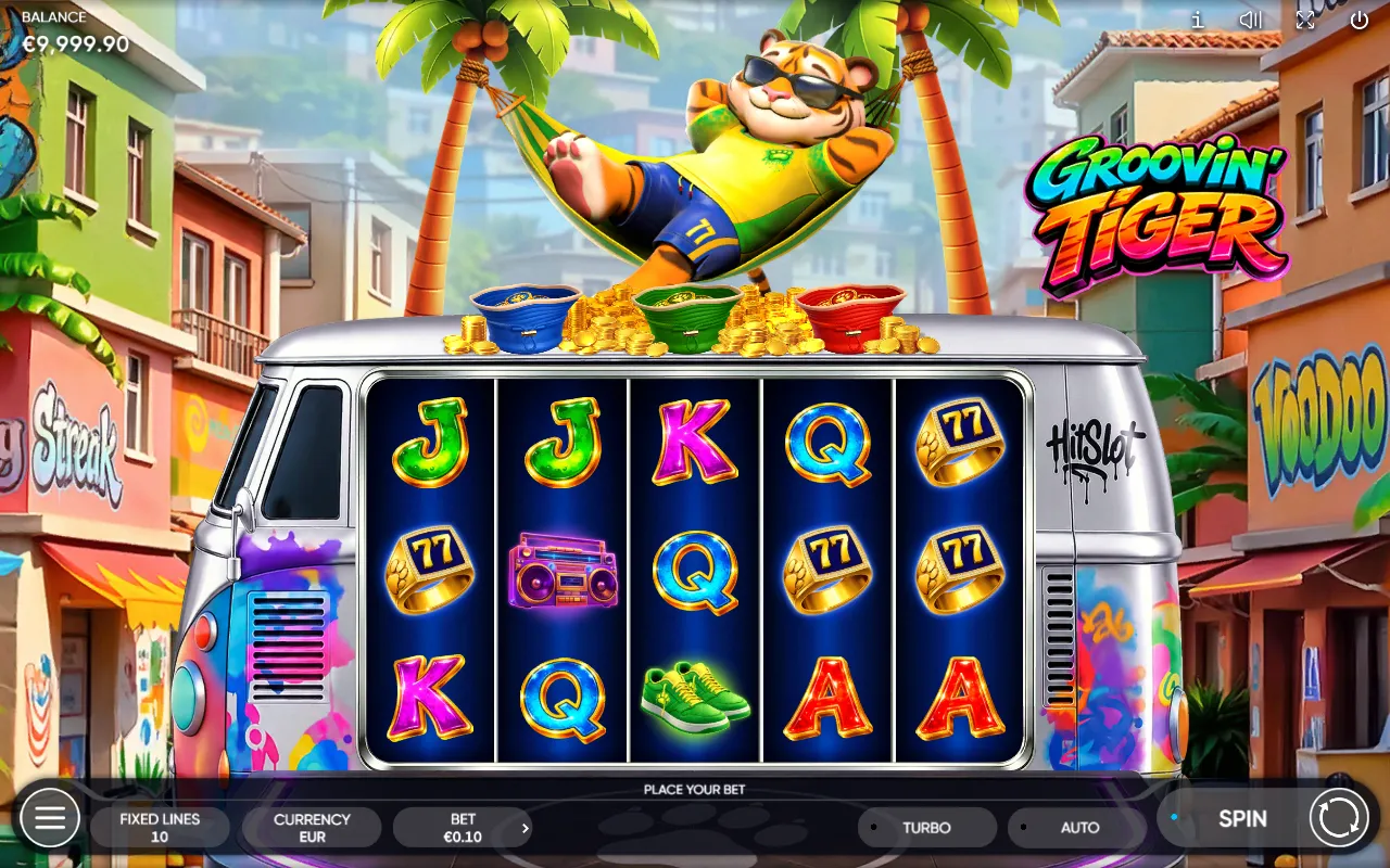 Groovin' Tiger slot 5x3 grid inside a graffiti camper van with the blue, green and red coin hats stacked above the reels