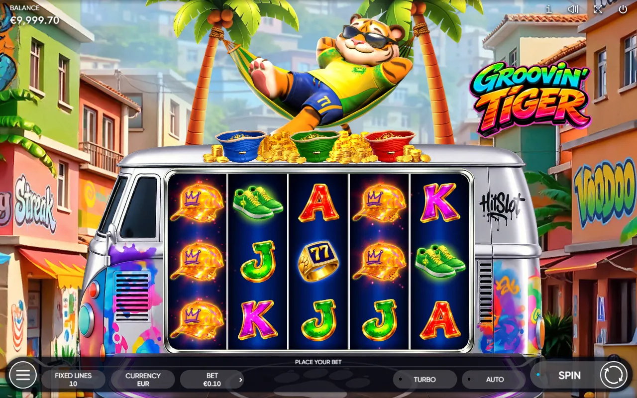 Groovin' Tiger reels showing three crown snapback symbols stacked on the first reel with no winning line