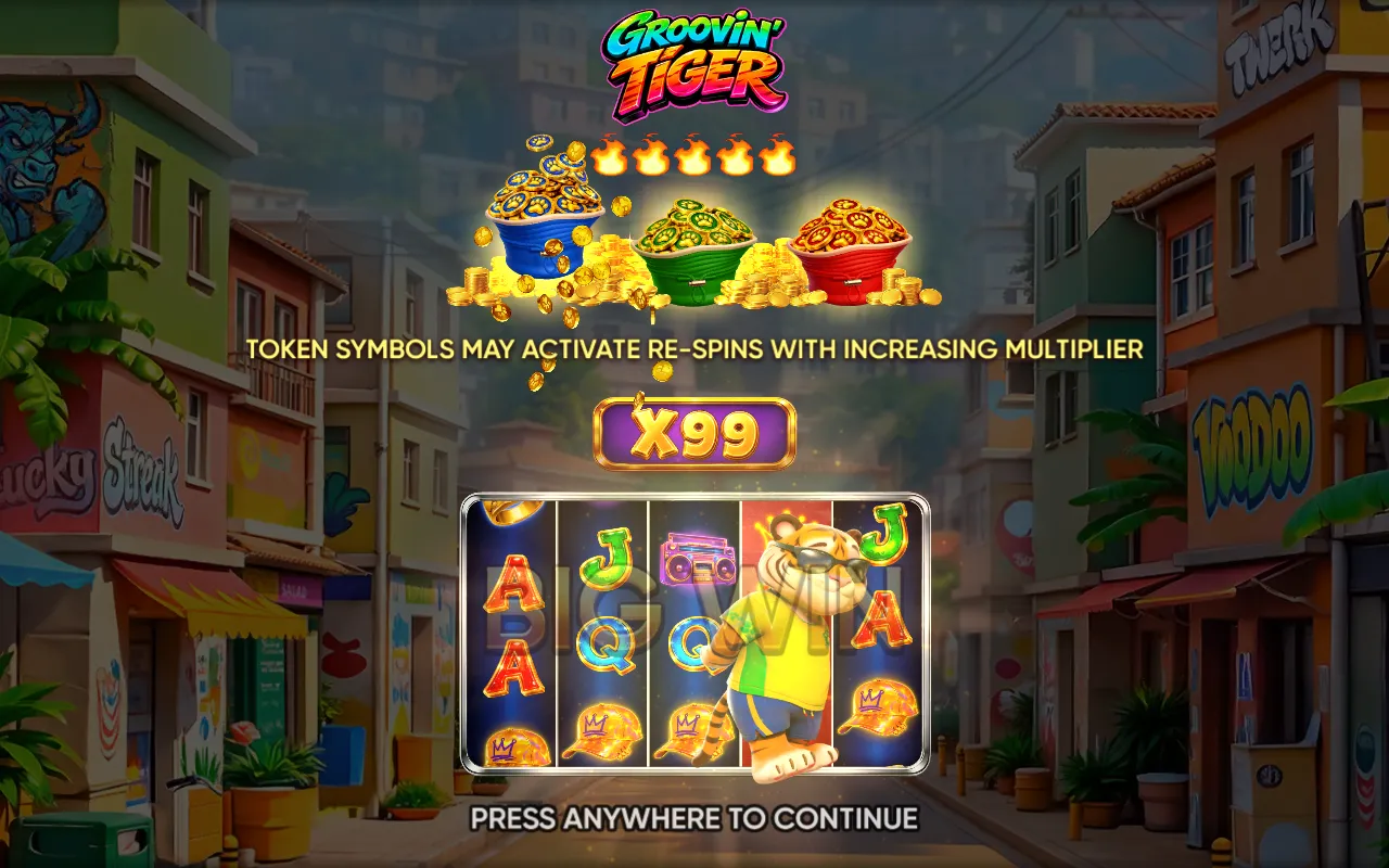 Groovin' Tiger intro screen showing the three coin hats, a five-flame volatility meter and an X99 multiplier badge
