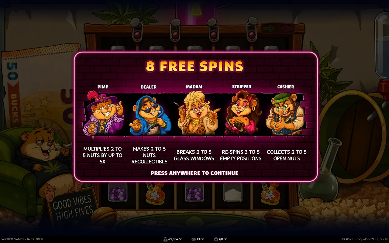 Hamsterdam bonus intro card showing 8 free spins and the five hamster characters with their effects