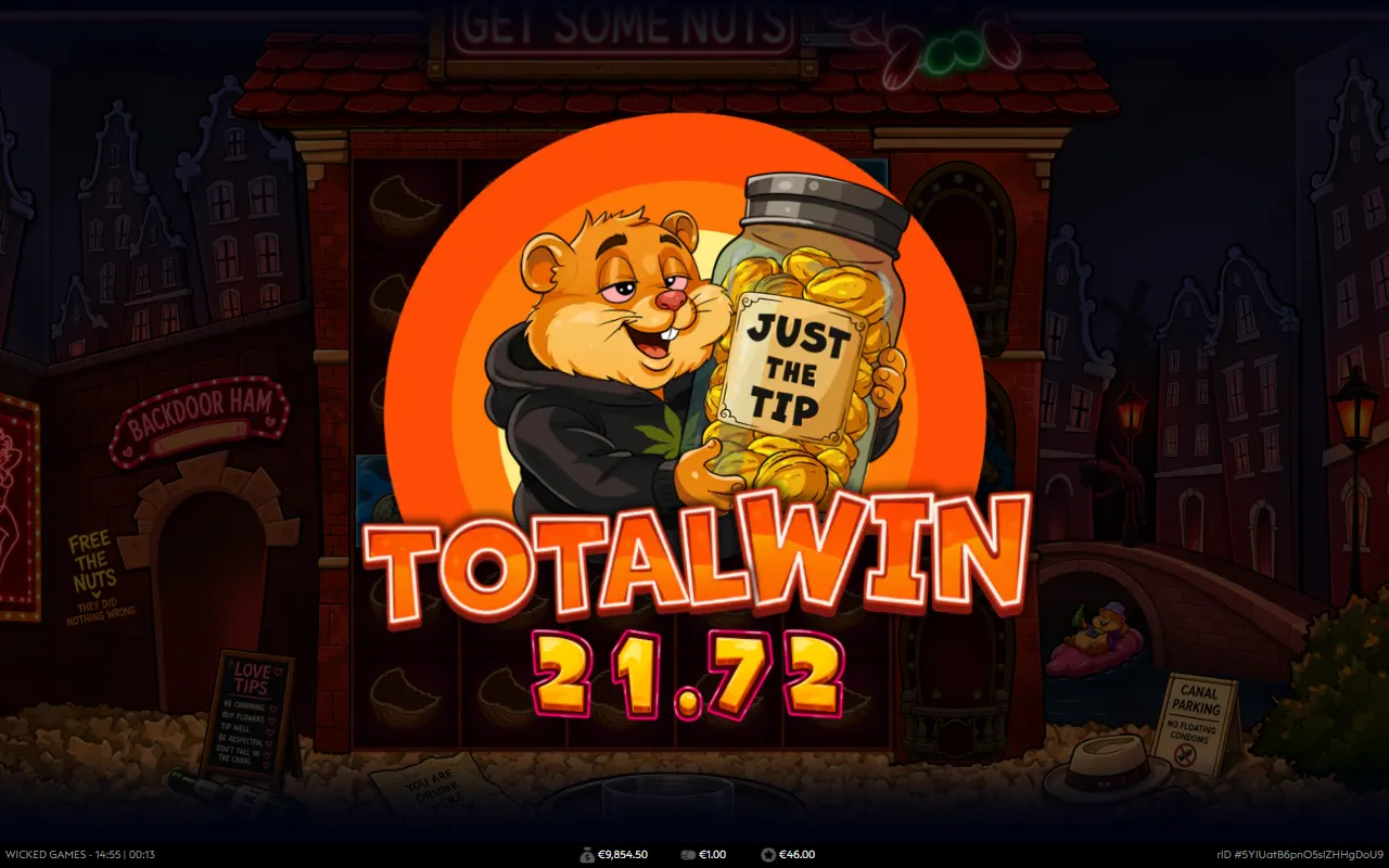 Hamsterdam bonus end screen with a hamster holding a jar of nuts and the total win counter running