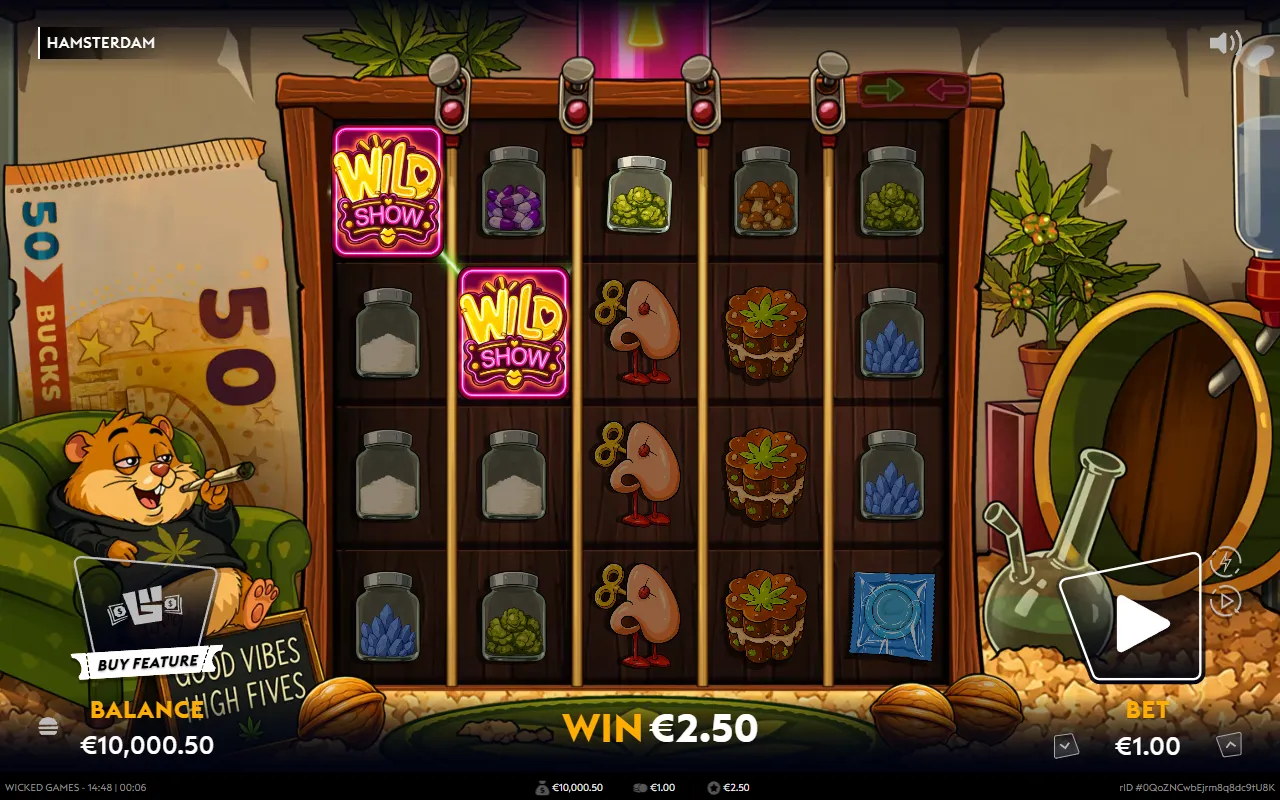 Hamsterdam base game with two WILD SHOW neon signs on reels one and two paying three lines