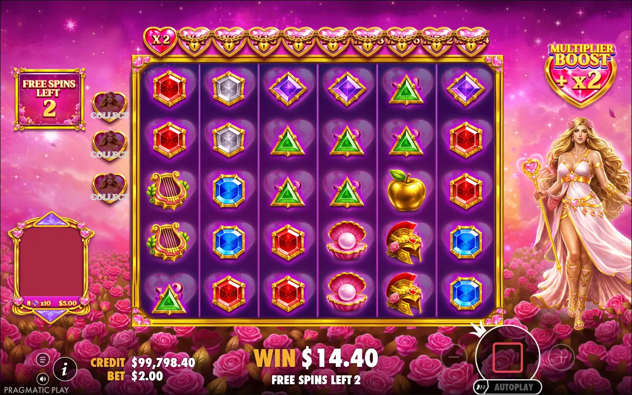 Hearts of Venus free spins round with the multiplier boost ladder above the grid and a rose field background