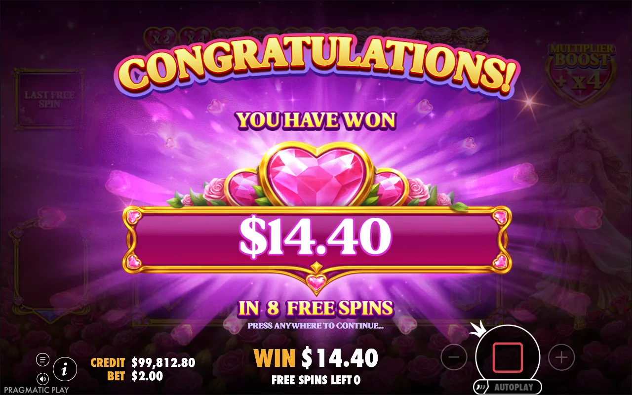 Hearts of Venus free spins round total of $14.40 in 8 free spins