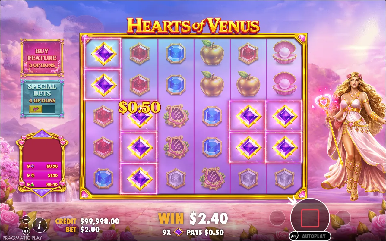 Hearts of Venus base game win with nine purple gems highlighted across the grid